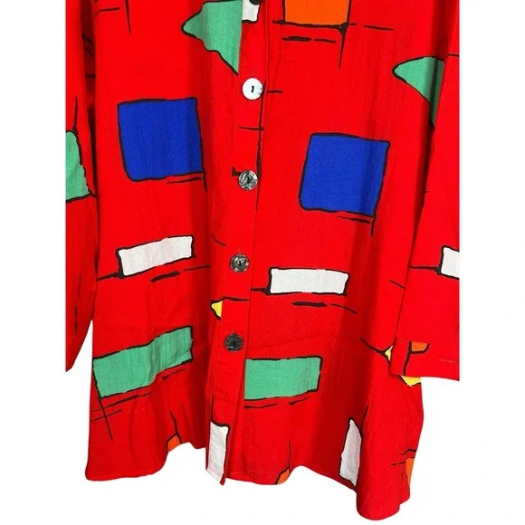 Ali Miles Red Geometric Abstract Button Front‎ Tunic Wired Collar Art to Wear XL - Picture 5 of 11